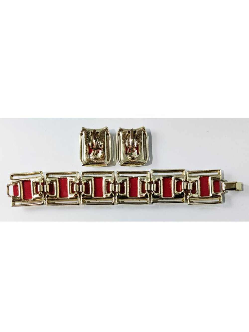 Vintage 1950-60s Confetti Lucite Panel Bracelet Earrings Gold Toned Red w Moons - Picture 3 of 7